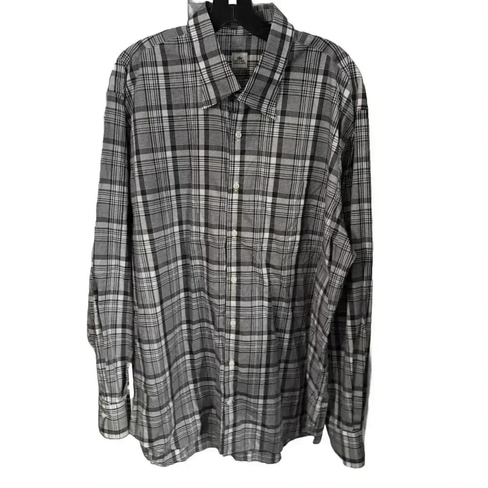 Peter Millar Mens XL Gray Blue Plaid 100% Cotton Button Up Long Sleeve Shirt
